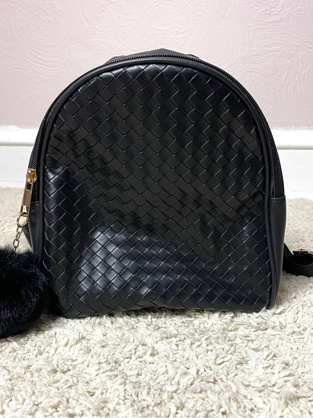 LDW Designs Black Woven Faux Leather Mini Backpack with Pom-Pom Charm